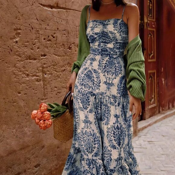 Dresses & Skirts - Blue Boho Women's Leisure Holiday Full Printed Pleated Tie Waist Strap Dress